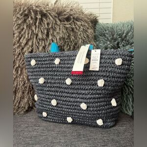 Talbots Navy Blue w/White Dots Raffia Shoulder Bag